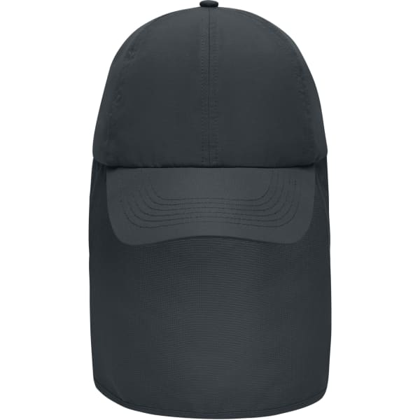A dark grey 6 panel cap with a neck guard, featuring a curved brim and a logo on the front.
