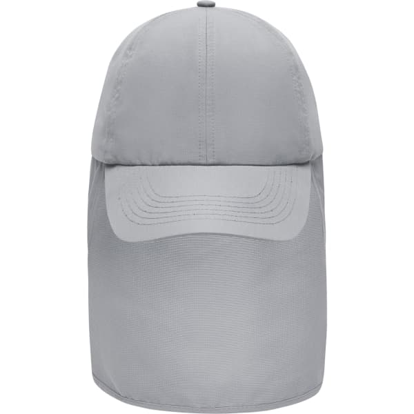 A grey 6 panel cap with a neck guard, featuring a logo on the front panel.