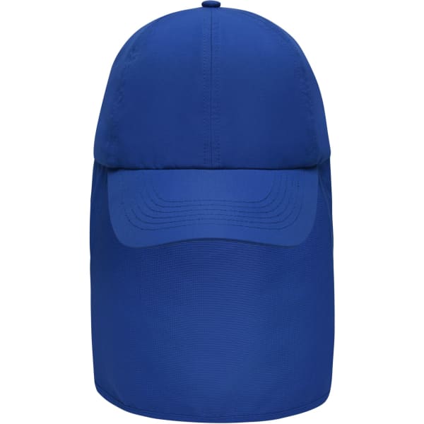 A blue 6 panel cap with a neck guard, featuring a logo on the front.