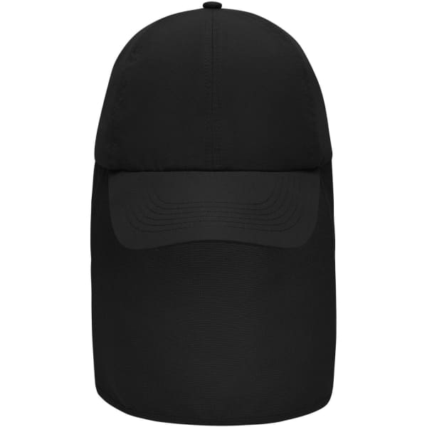 A black 6 panel cap with an attached neck guard and a logo.