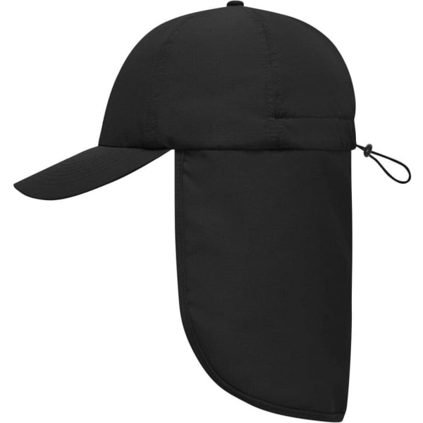 A black 6-panel cap with a neck guard, featuring an adjustable drawstring and a logo.