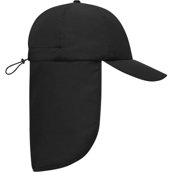 A black 6 panel cap with a neck guard, featuring an adjustable toggle for a secure fit.