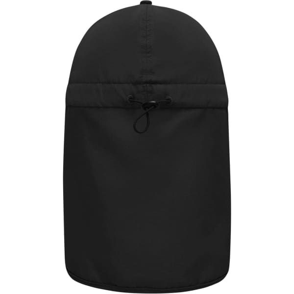 A black 6 panel cap with a neck guard and adjustable drawstring at the back. It features a logo.