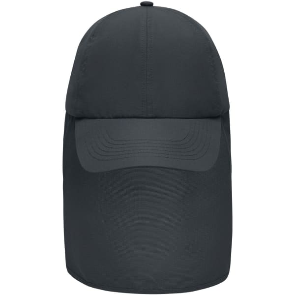 A dark grey 6 panel cap with a neck guard, featuring a curved brim and a logo on the side.