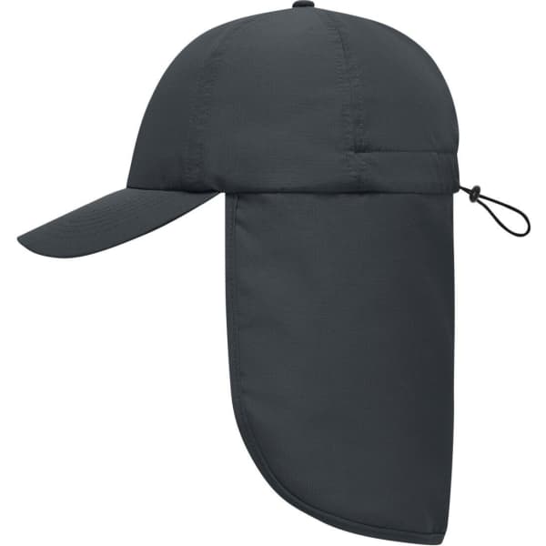 A dark grey 6 panel cap with a neck guard and adjustable toggle, featuring a logo.