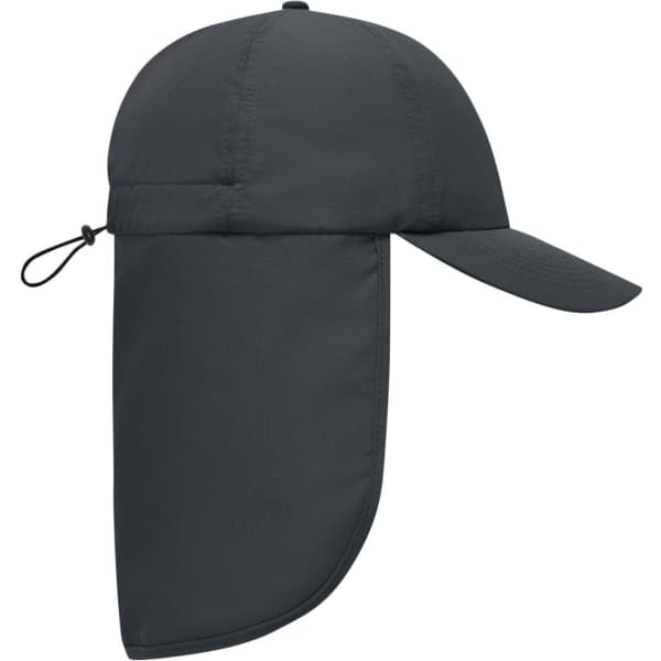 A black 6-panel cap with a neck guard, featuring an adjustable strap and a curved peak, also displaying a logo.