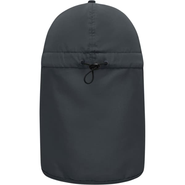 A grey six-panel cap with a neck guard and adjustable toggle at the back, featuring a logo.