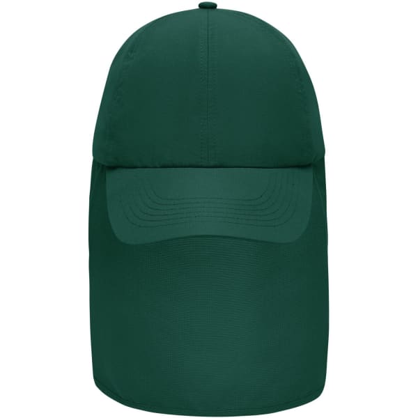A green 6 panel cap with a neck guard, featuring a curved brim and a logo on the front.