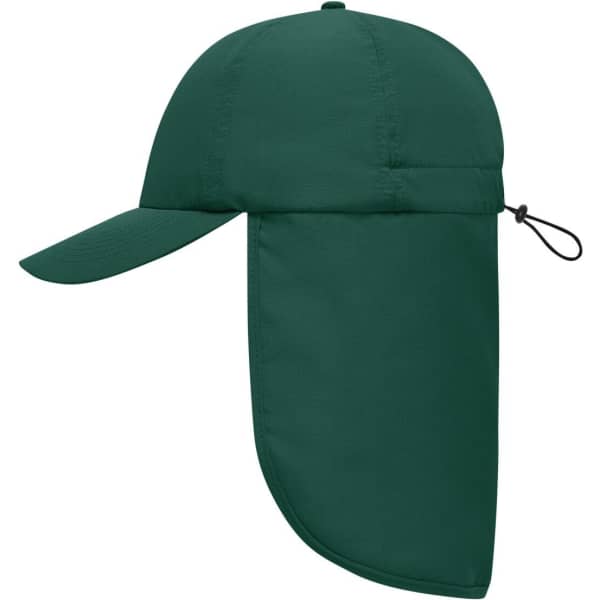 A green six-panel cap with a neck guard and an adjustable strap at the back.