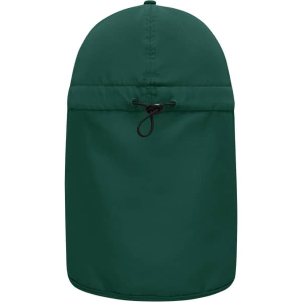 A green 6 panel cap with a neck guard, featuring an adjustable toggle at the back.