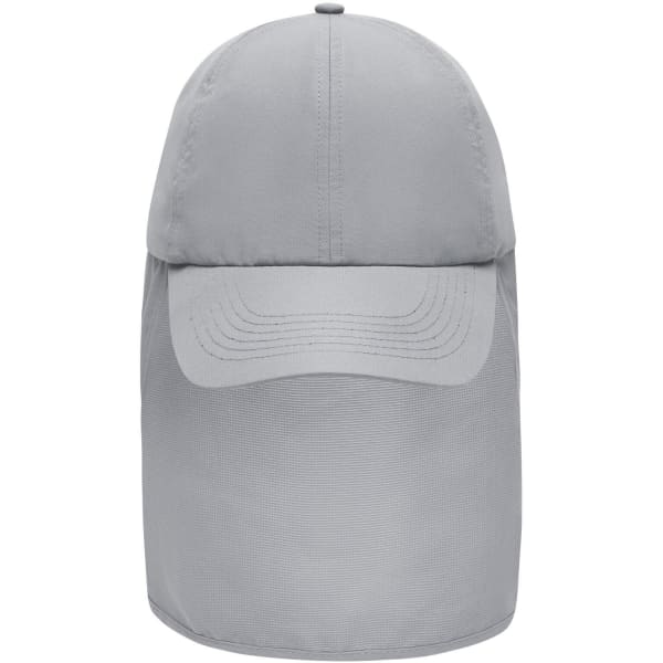 A grey six-panel cap with a neck guard, featuring a structured brim and a logo on the front.