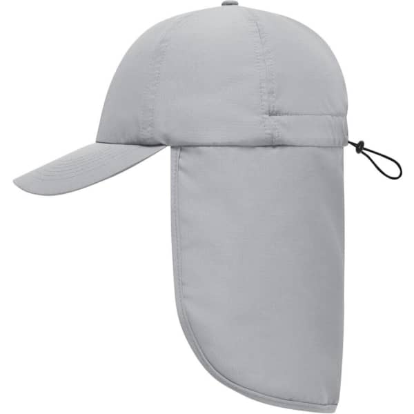 A grey 6 panel cap with a neck guard, featuring a logo.