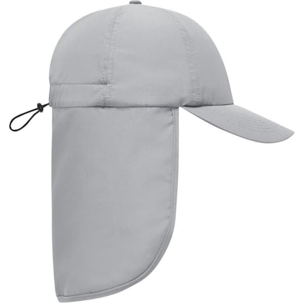 A grey 6-panel cap with a neck guard and an adjustable toggle at the back, featuring a logo.