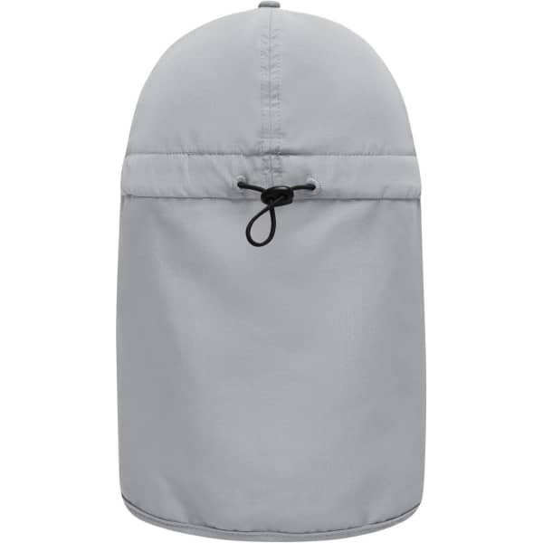 A grey 6 panel cap featuring a neck guard and an adjustable drawstring. Includes a logo on the side.