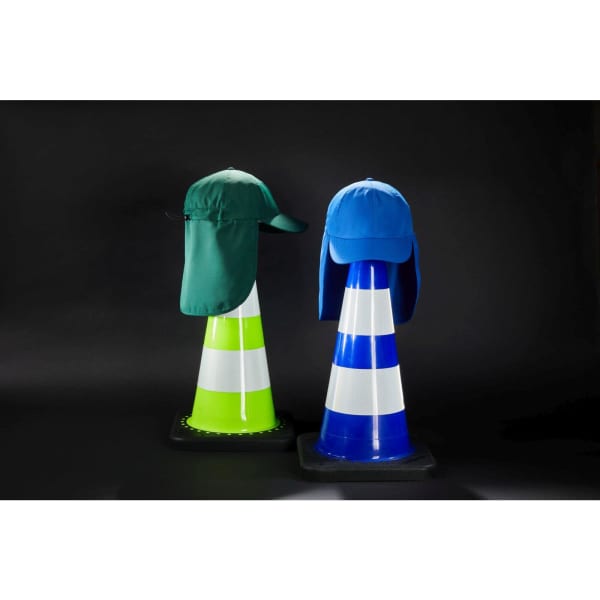 A green and a blue 6 panel cap with neck guards displayed on traffic cones against a dark background.