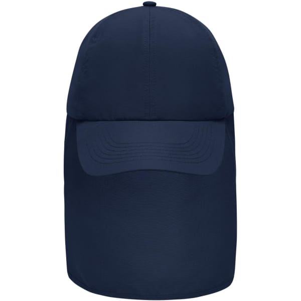 A navy blue 6-panel cap with a neck guard, featuring a rounded crown and a wide brim. It has a branding logo.