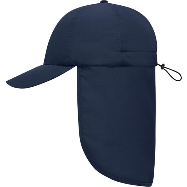 A navy 6 panel cap with a neck guard, featuring a pay and an adjustable toggle at the back.
