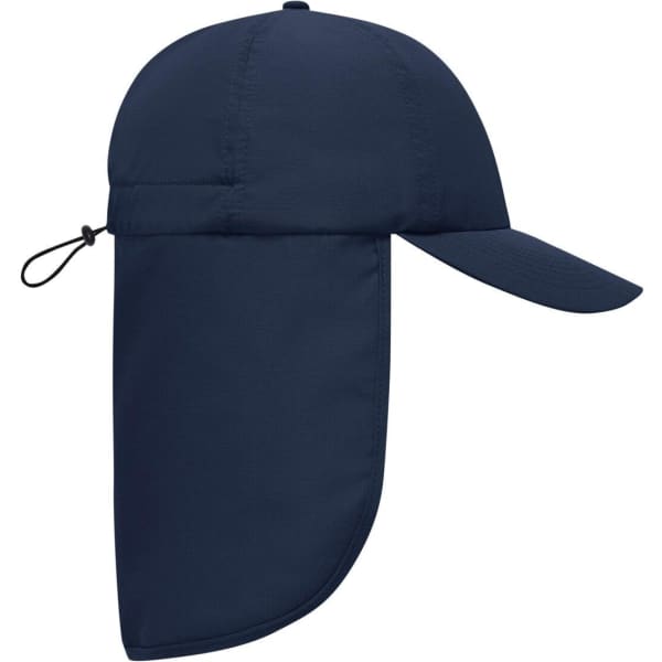 A navy blue 6 panel cap with an attached neck guard and an adjustable toggle.