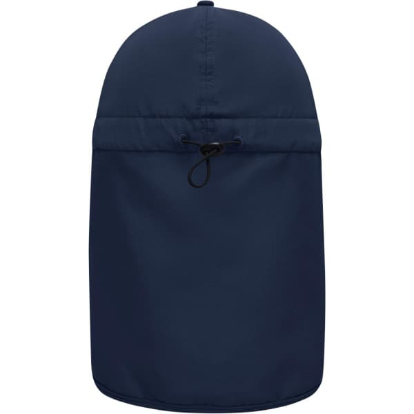 A navy blue 6 panel cap with a neck guard, featuring an adjustable drawstring and a logo.