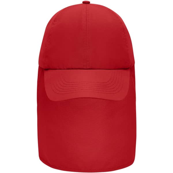 A red 6 panel cap with a neck guard, featuring a curved peak and a logo.