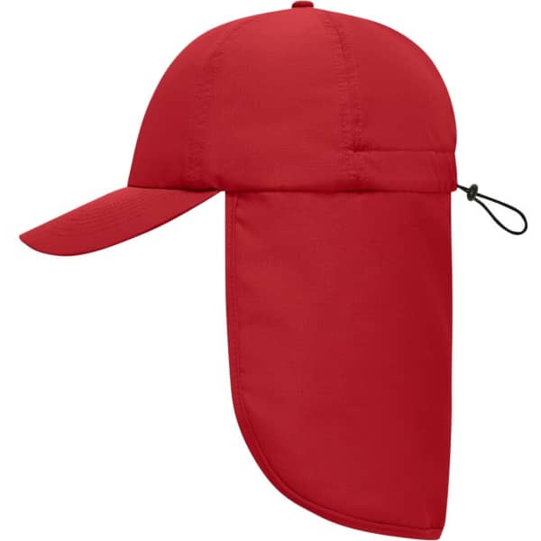 A red 6 panel cap with a neck guard and an adjustable strap, designed for sun protection. It features a logo.