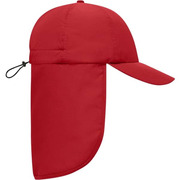 A red 6-panel cap with a neck guard, featuring a logo, designed for sun protection.