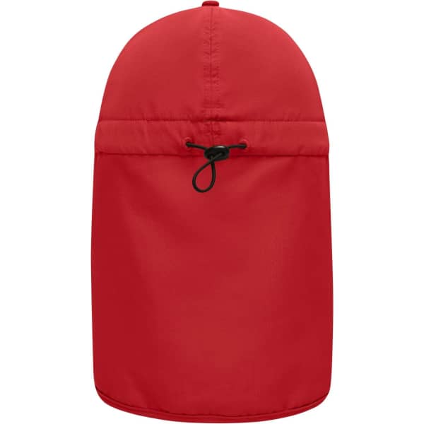A red six-panel cap with a neck guard and an adjustable drawstring at the back. Features a logo.
