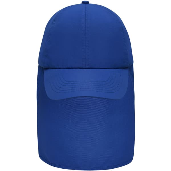 A blue six-panel cap featuring a neck guard and a stitched peak, designed for headwear protection.