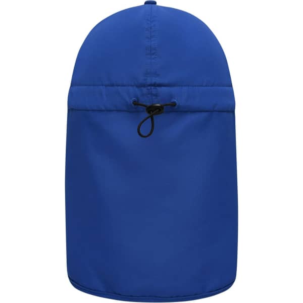 A blue 6 panel cap with a neck guard, featuring a drawstring for adjustment and a logo on the back.