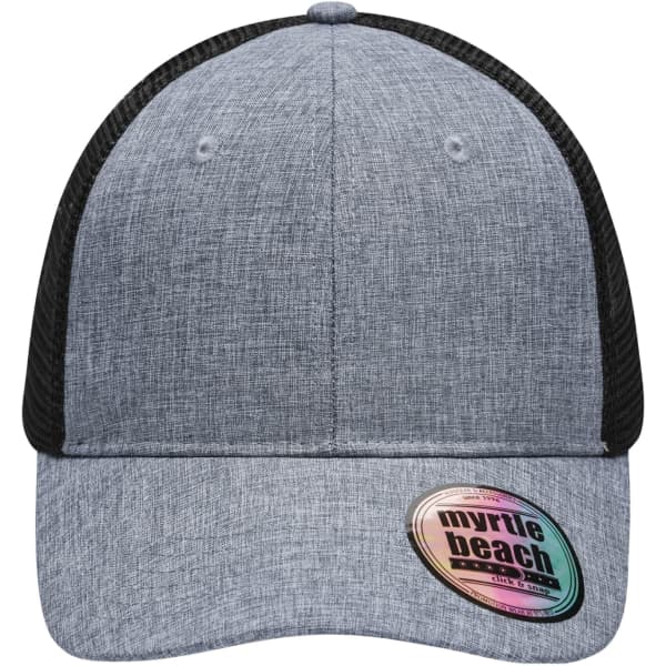 A grey 6-panel mesh trucker cap with a black mesh back and a logo sticker on the brim.