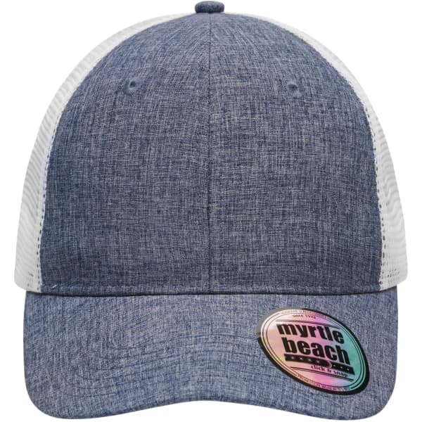 A grey and white 6-panel mesh trucker cap with a curved brim and a logo sticker on the front.