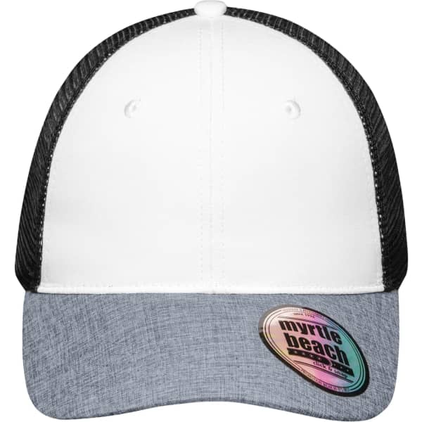 A 6-panel mesh trucker cap featuring a white front, grey brim, and black mesh back, with a branding sticker.