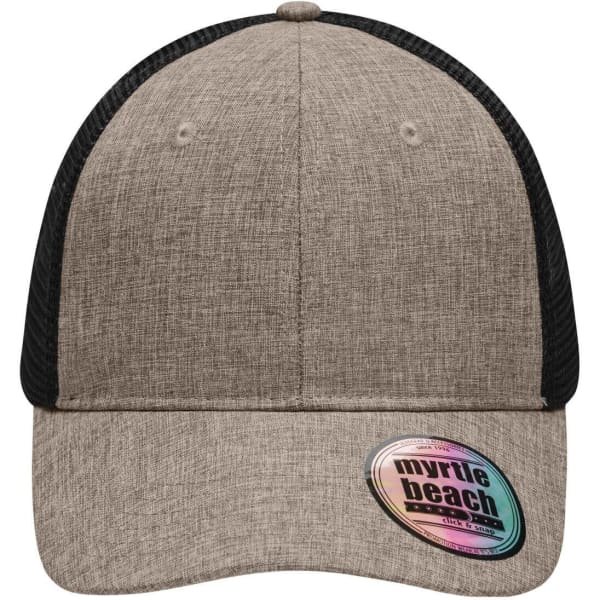 A grey mesh trucker cap with a black mesh back, featuring a round branding label on the front.