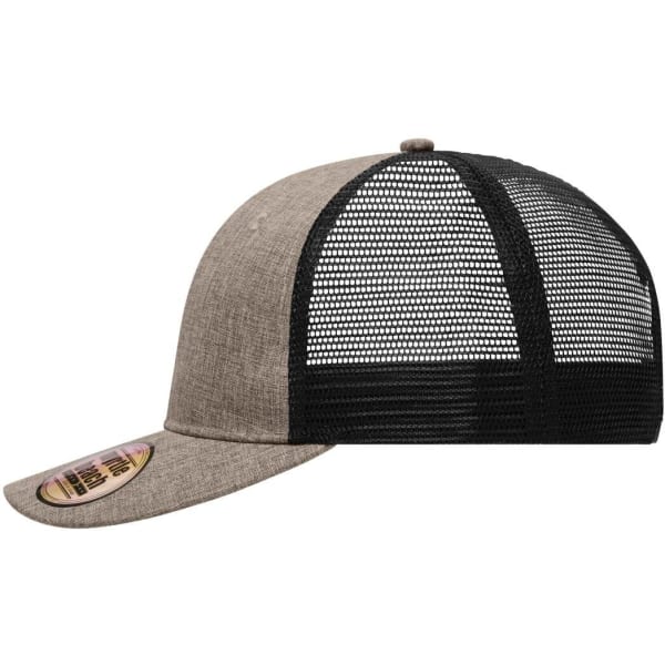 A grey 6-panel mesh trucker cap with a black mesh back and a curved brim, featuring a logo.