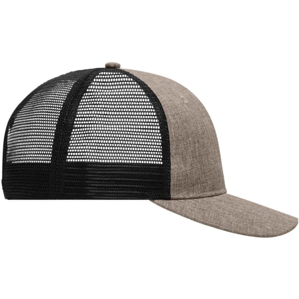 A grey and black 6-panel mesh trucker cap with a flat brim and a mesh back. It features a logo.