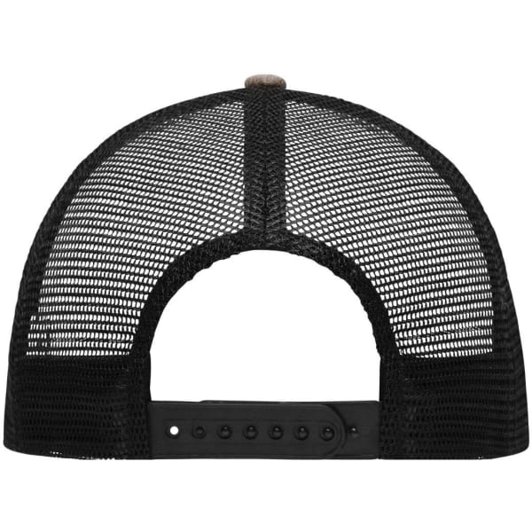 A black mesh trucker cap featuring a rear adjustable strap and a logo on the back.