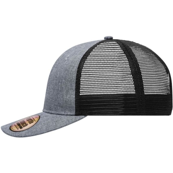 A grey hat with a black mesh back features a flat brim and includes a logo on the side.
