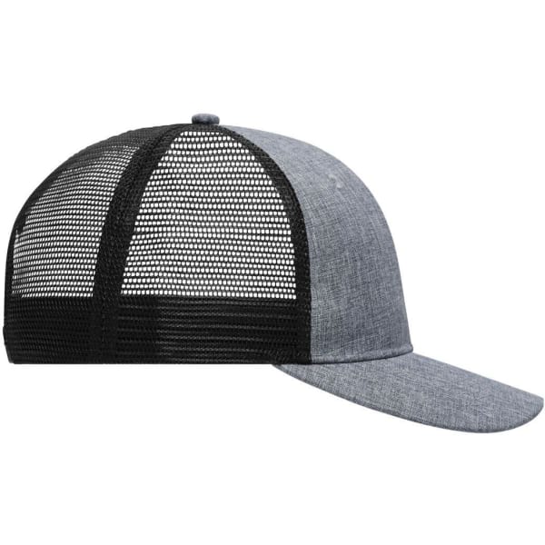 A grey and black 6-panel mesh trucker cap with a mesh back and a curved brim. It features a logo on the front.