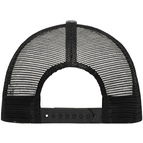 A black 6 Panel Mesh Trucker hat with a mesh back and adjustable snap closure. It features a logo.