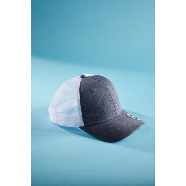 A grey 6-panel cap with a mesh back, featuring a logo on the side, set against a blue background.