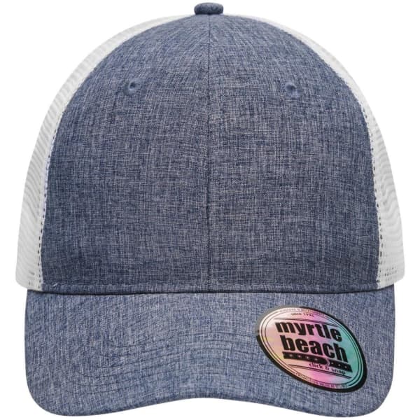 A grey and white 6 panel mesh trucker cap with a curved brim and a branded tag on the front.