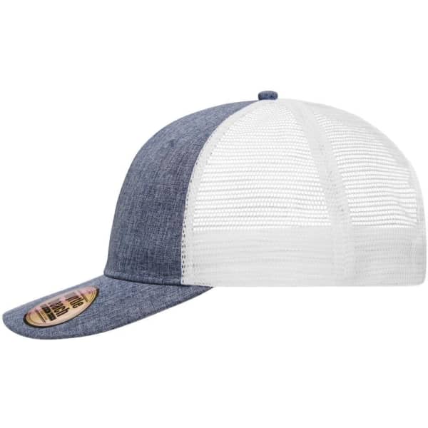 A grey and white six-panel mesh trucker cap with a curved brim and a logo on the front.
