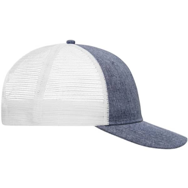 A grey and white 6-panel mesh trucker cap featuring a curved brim and a mesh back for ventilation.