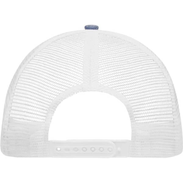 A white 6 panel mesh trucker hat featuring a blue button on the top and a plastic adjustable strap at the back.