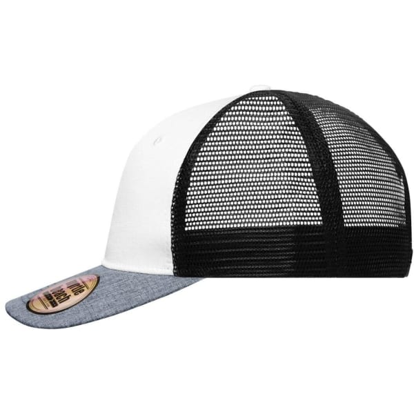 A white and grey 6-panel mesh trucker cap with a black mesh back and a logo on the side.