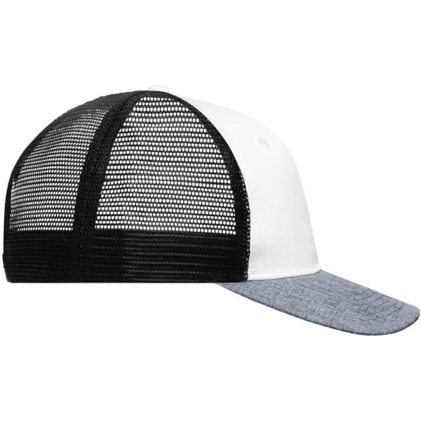 A 6 panel mesh trucker cap featuring a white front, black mesh sides, and a denim blue peak. Includes a logo.