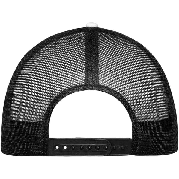 A black mesh trucker cap featuring a snapback closure and a branded logo on the back.