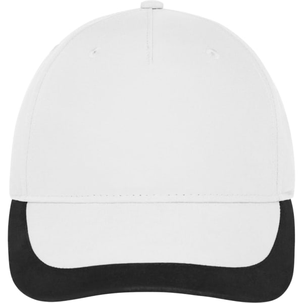 A 5 panel sports cap in white with a black peak and stitching, featuring a logo on the front.