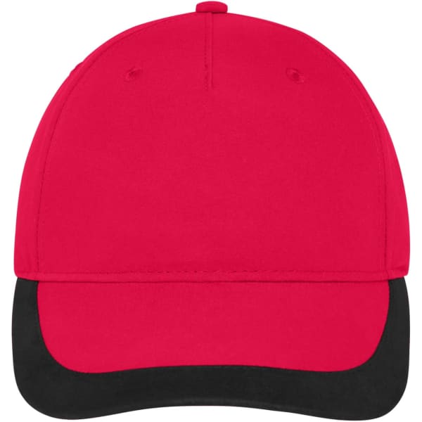 A red and black 5 Panel Sports Cap featuring a structured design and a logo on the front.
