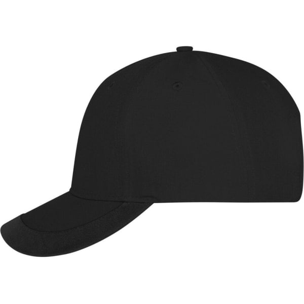 A black 5 panel sports cap with a curved brim and an adjustable strap at the back, featuring a logo.